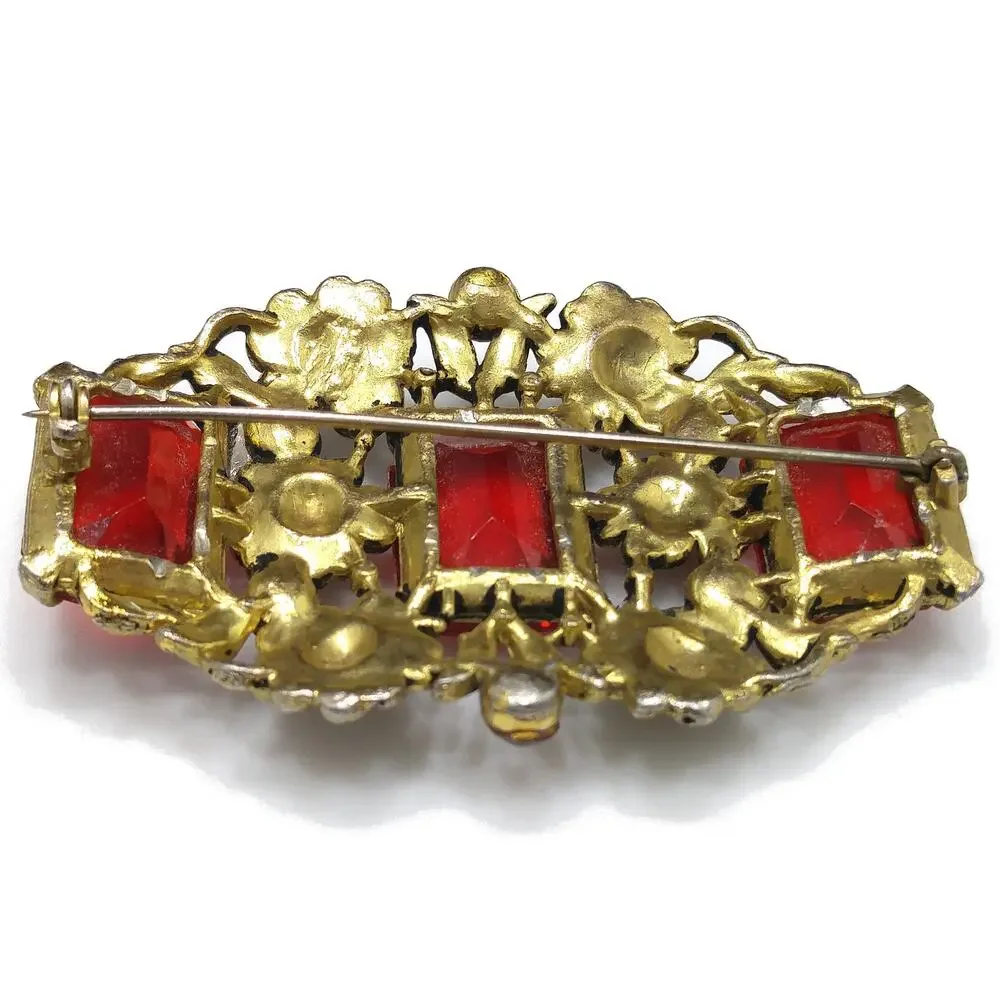 Art Nouveau Red Glass Floral Brooch, Three Red Emerald Cut Stones, 1930s Vintage